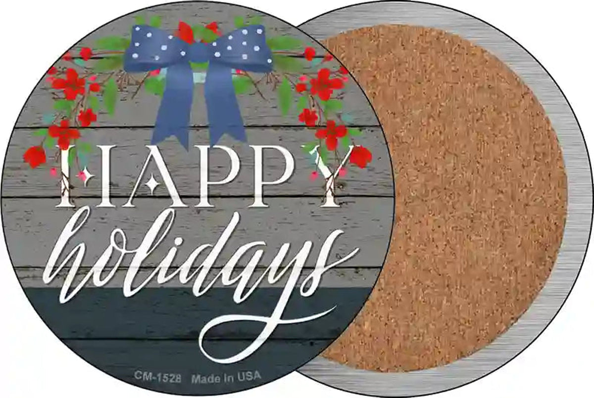 Happy Holidays Bow Novelty Circle Coaster Set of 4