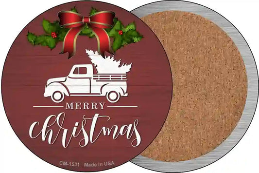 Merry Christmas Truck Red Novelty Circle Coaster Set of 4