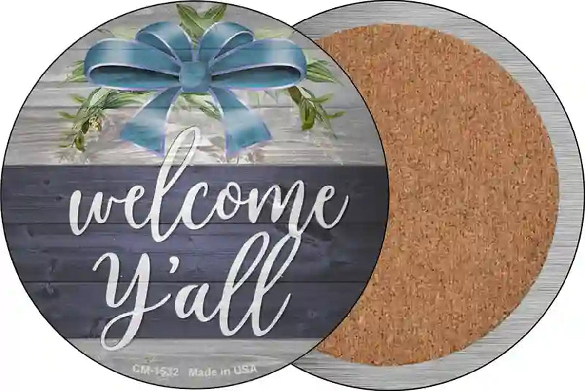 Welcome Yall Bow Wreath Novelty Circle Coaster Set of 4