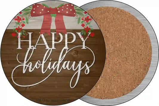 Happy Holidays Bow Wreath Novelty Circle Coaster Set of 4