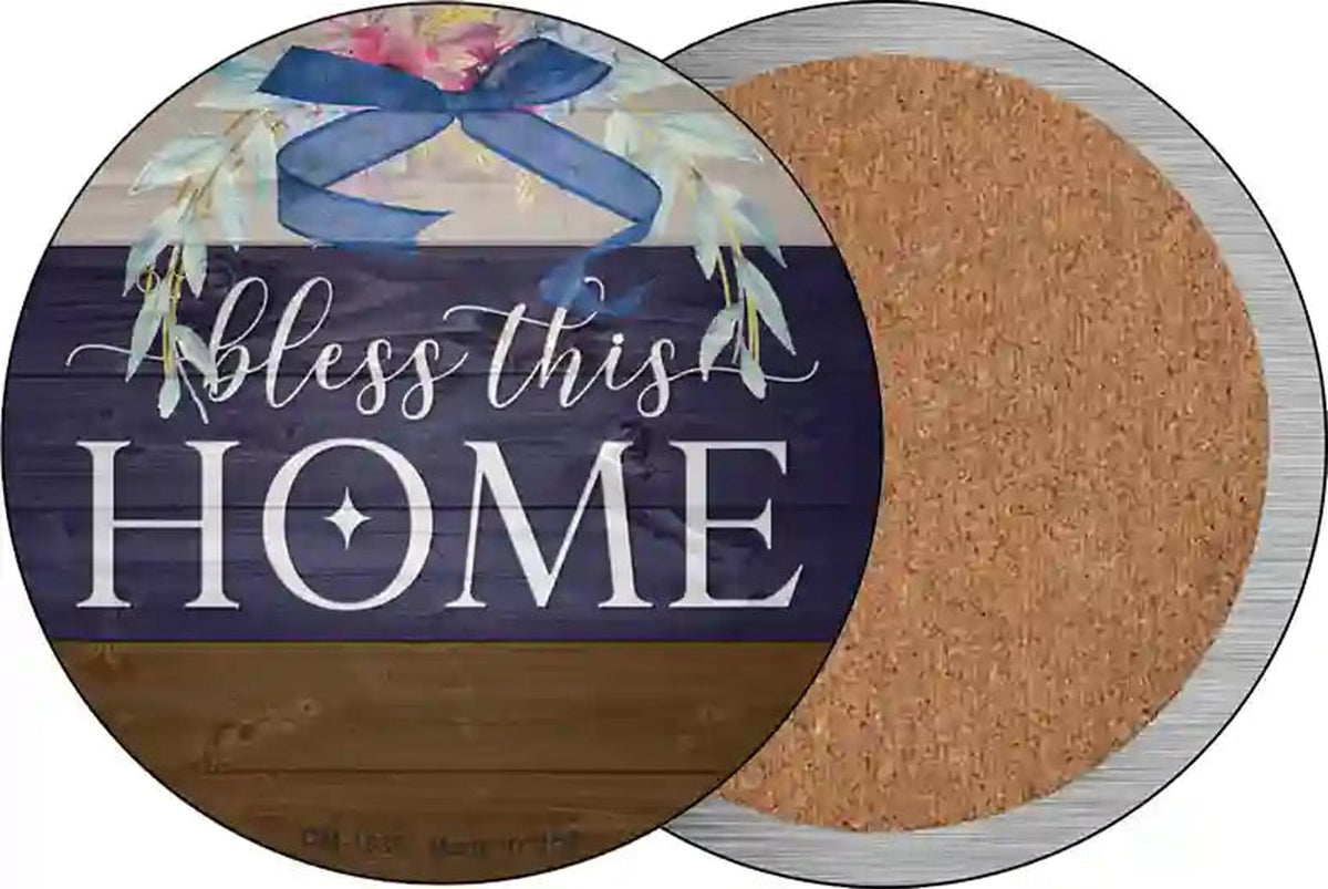 Bless This Home Bow Wreath Novelty Circle Coaster Set of 4