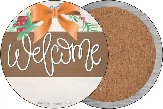 Welcome Bow Wreath Novelty Circle Coaster Set of 4