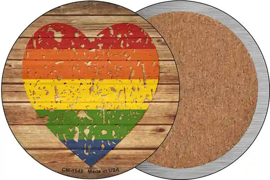 Distressed Heart Rainbow Novelty Circle Coaster Set of 4