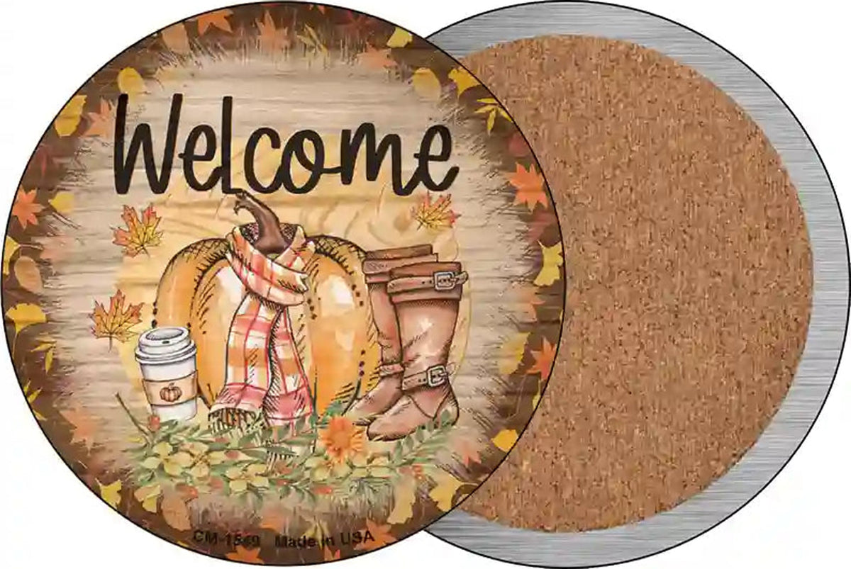 Welcome Pumpkin Novelty Circle Coaster Set of 4
