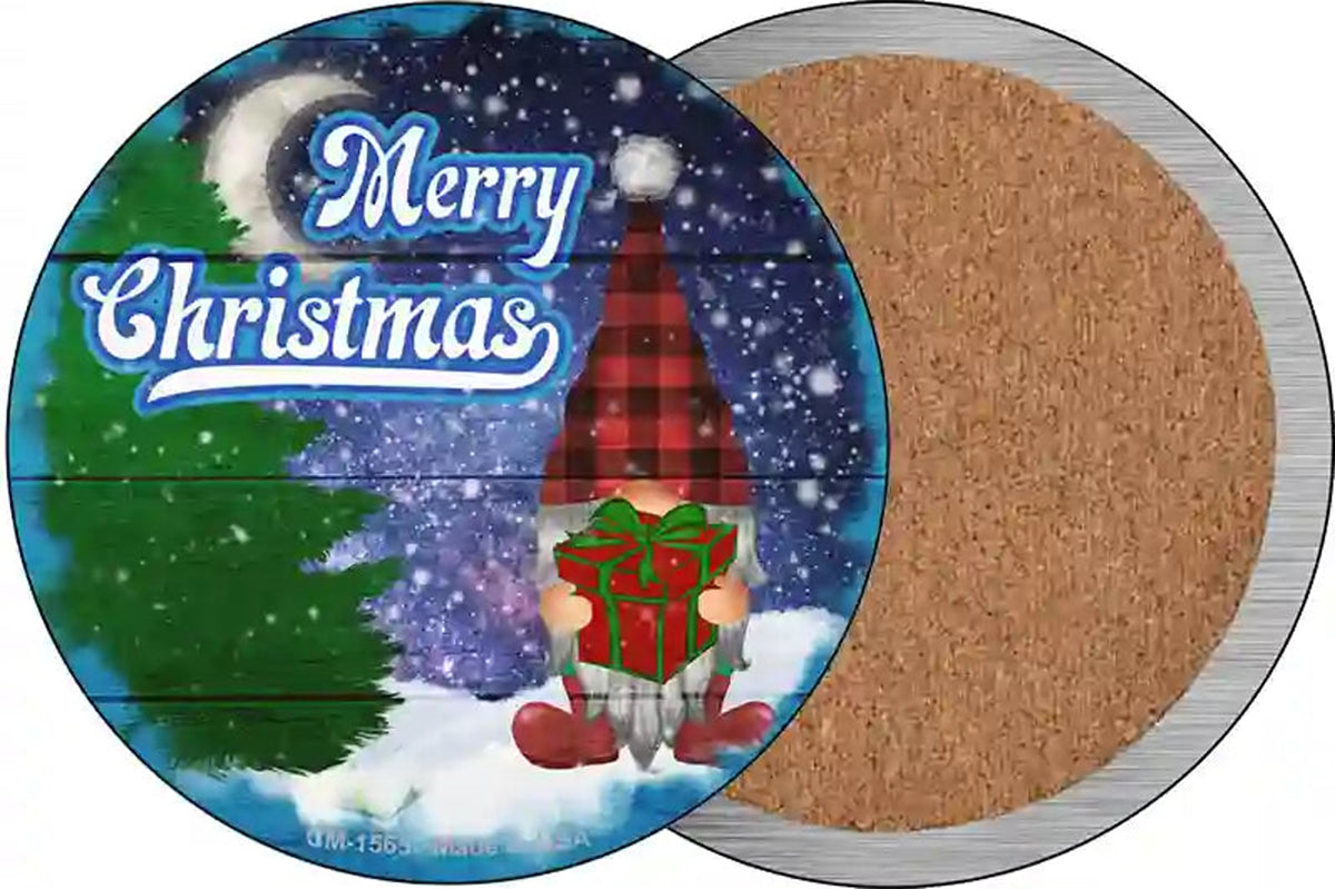 Merry Christmas Gnome Novelty Circle Coaster Set of 4