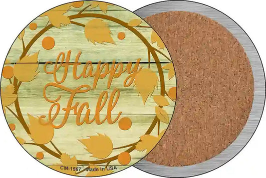 Happy Fall with Leaves Novelty Circle Coaster Set of 4