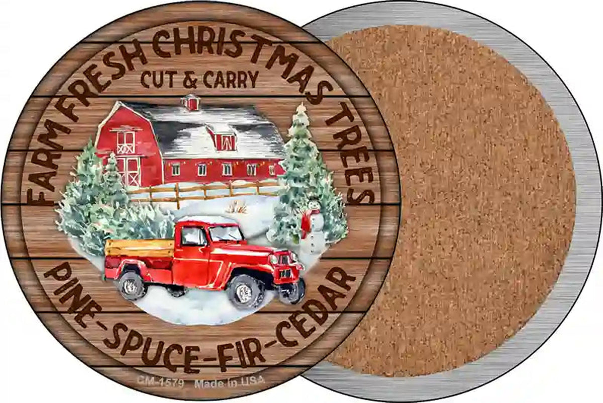 Farm Fresh Christmas Trees Red Novelty Circle Coaster Set of 4