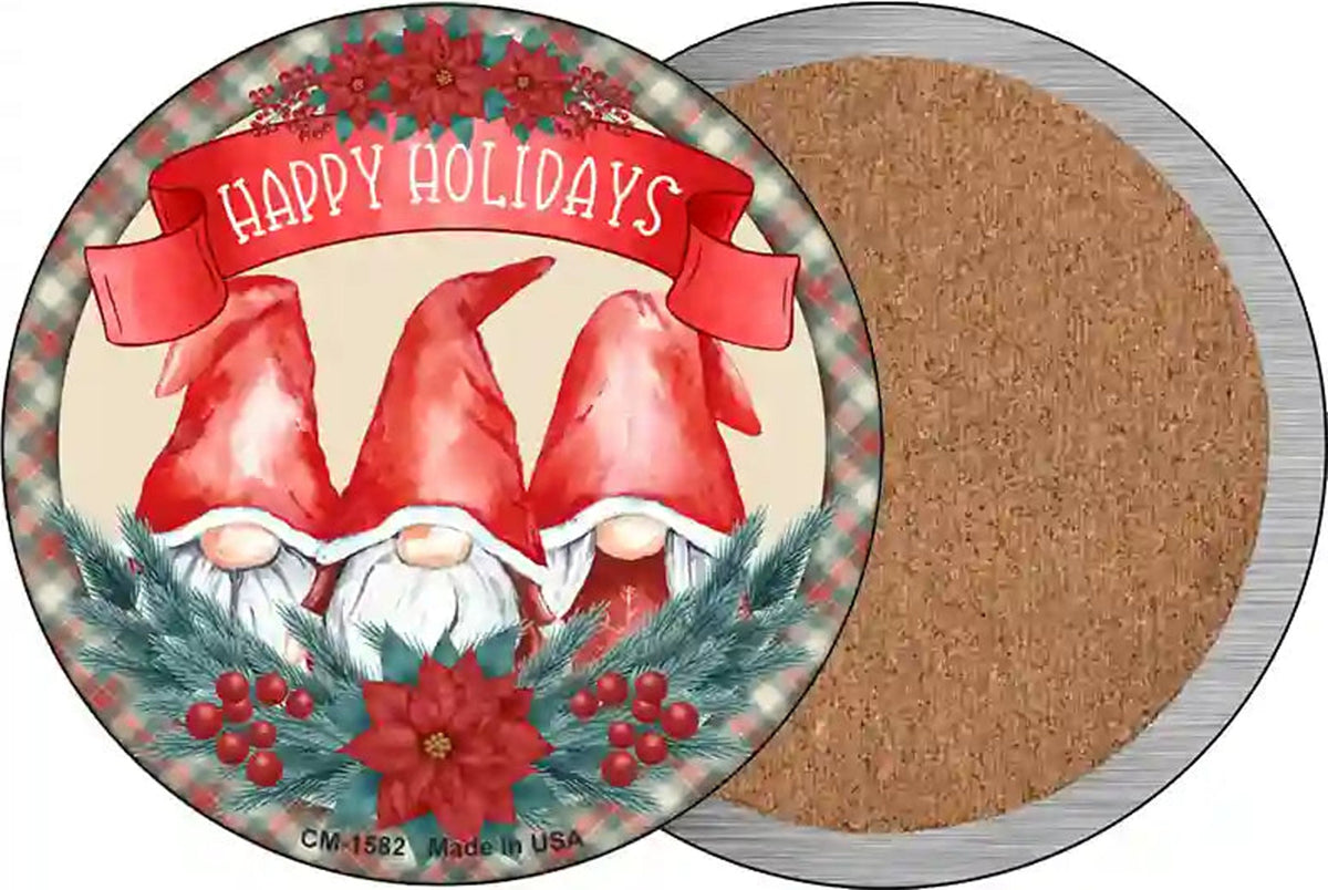 Happy Holidays Gnomes Novelty Circle Coaster Set of 4