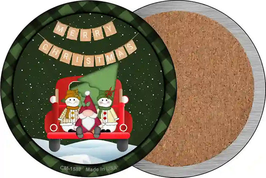 Merry Christmas Truck Novelty Circle Coaster Set of 4