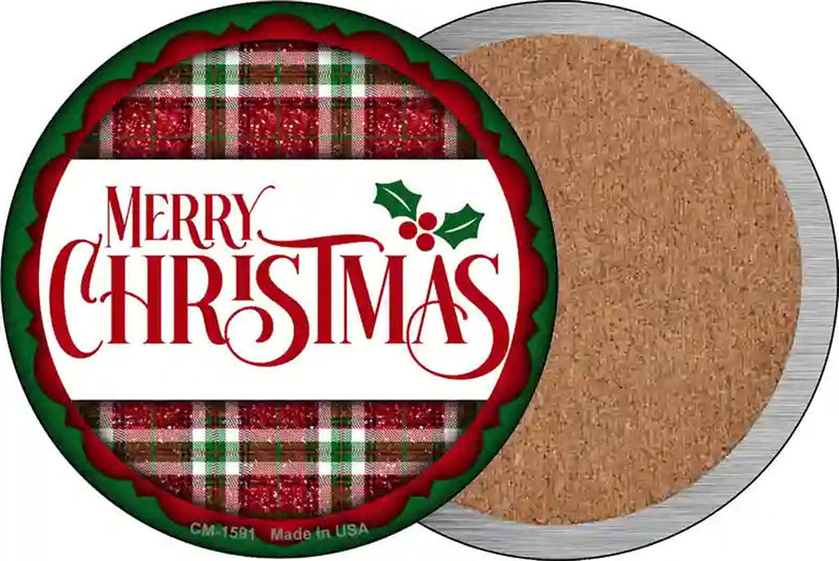 Merry Christmas Red and Green Novelty Circle Coaster Set of 4