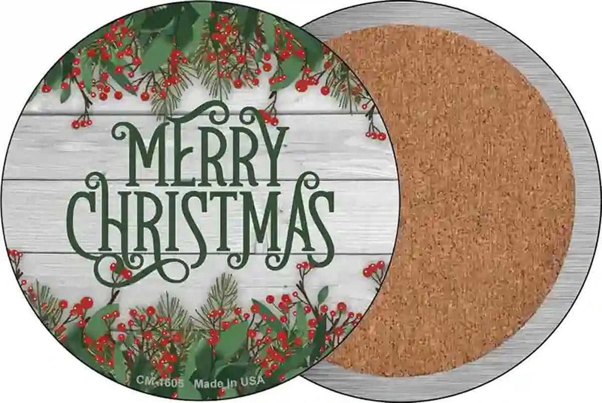 Merry Christmas Green Novelty Circle Coaster Set of 4