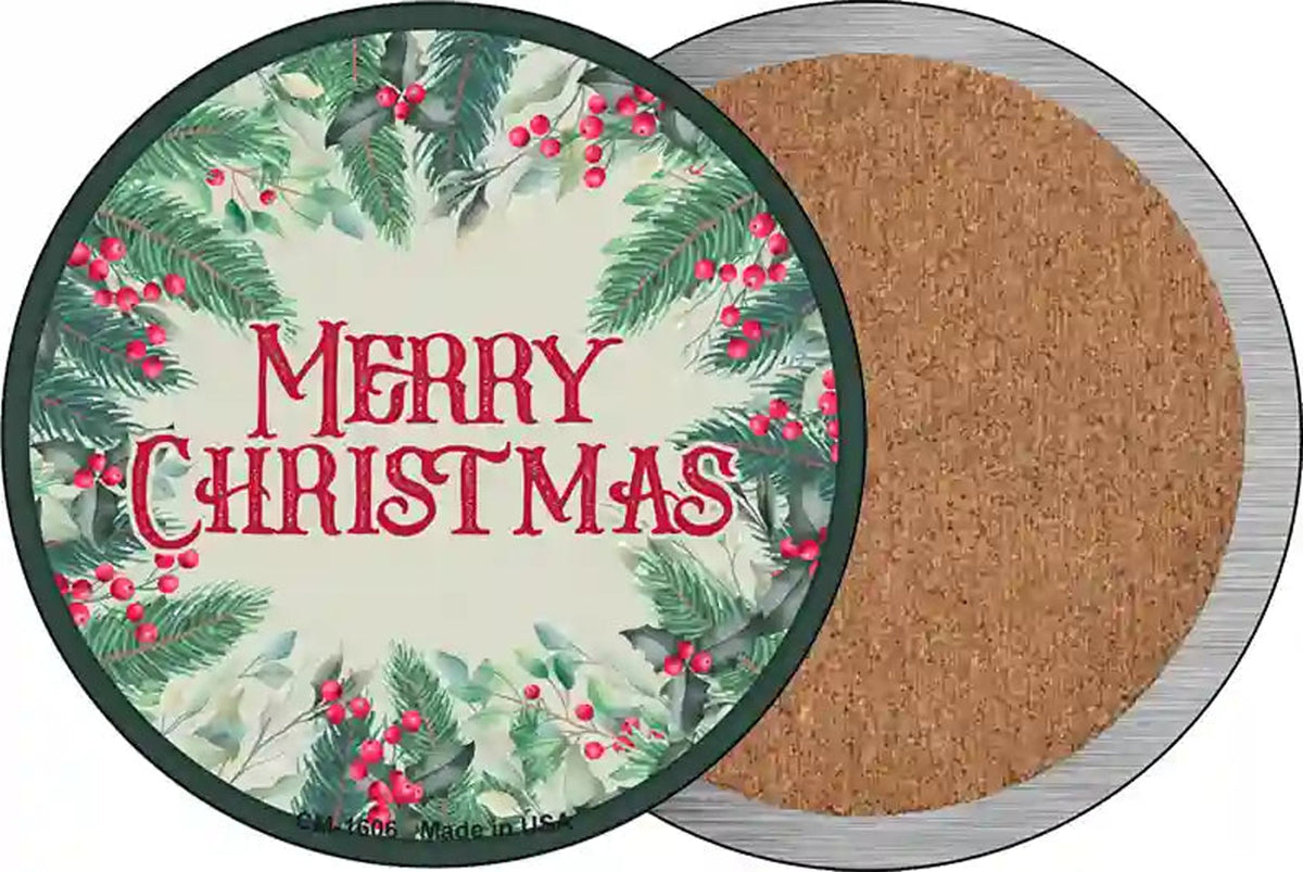 Merry Christmas Red Berries Novelty Circle Coaster Set of 4
