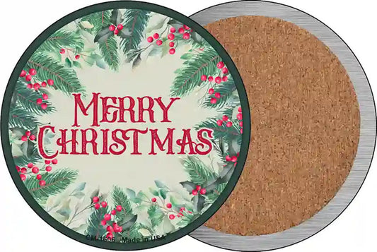 Merry Christmas Red Berries Novelty Circle Coaster Set of 4