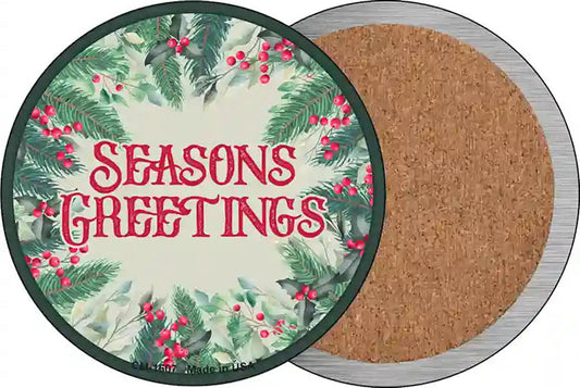 Seasons Greetings Red Novelty Circle Coaster Set of 4