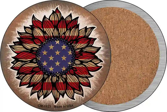USA Flag Sunflower Novelty Circle Coaster Set of 4