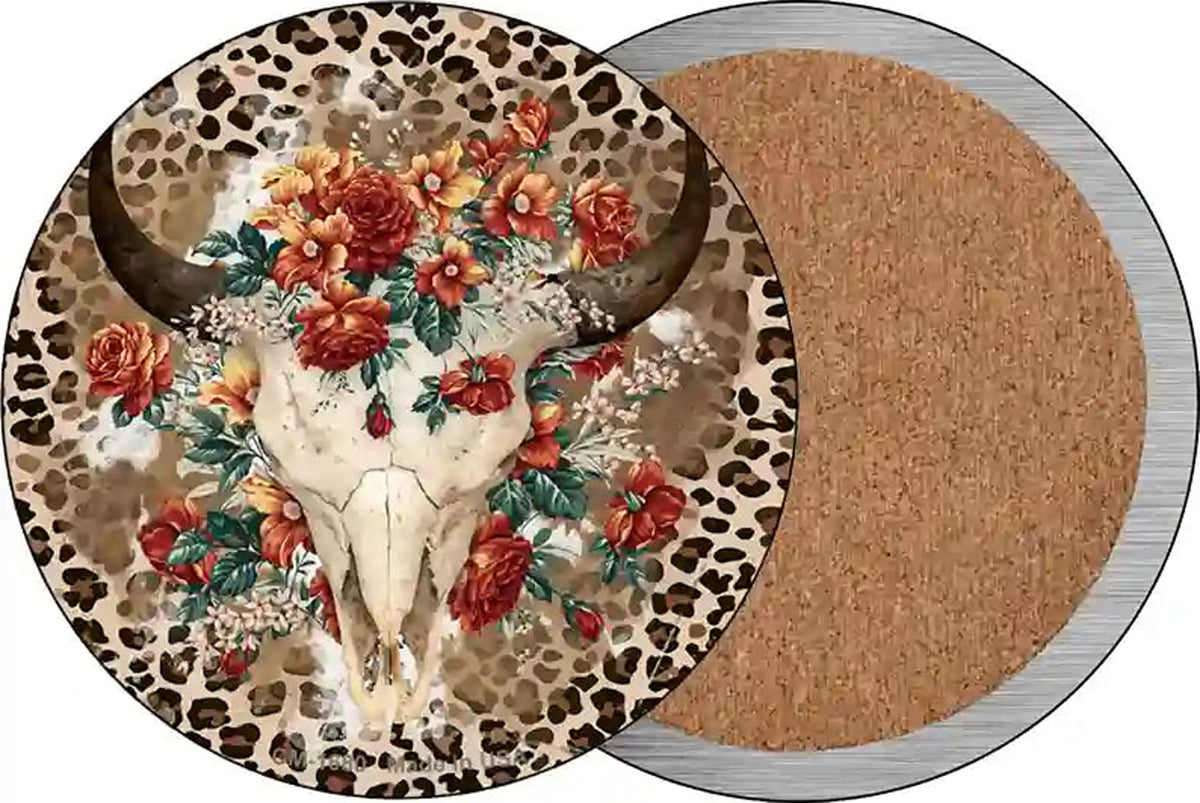 Cow Skull In Flowers Novelty Circle Coaster Set of 4