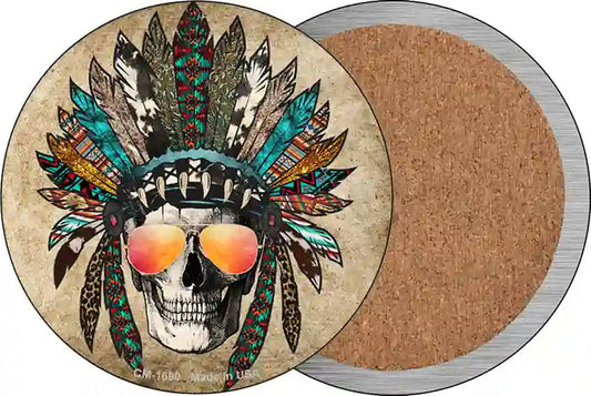 Headress Skull With Aviators Novelty Circle Coaster Set of 4