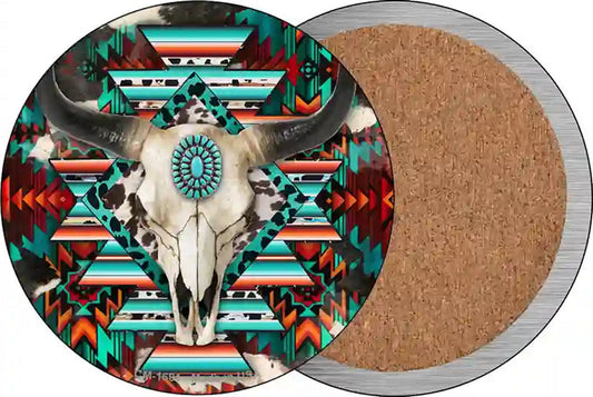 Cow Skull Aztec Vibrant Print Novelty Circle Coaster Set of 4