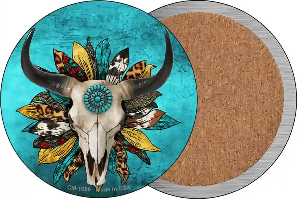 Cow Skull Sunflower Turquoise Novelty Circle Coaster Set of 4