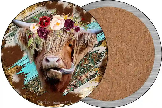 Highland Cattle On Mixed Print Novelty Circle Coaster Set of 4