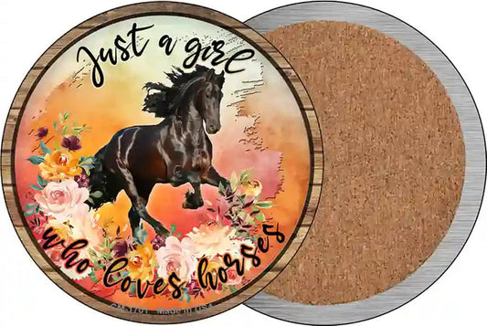 Just A Girl Loves Horses Orange Novelty Circle Coaster Set of 4