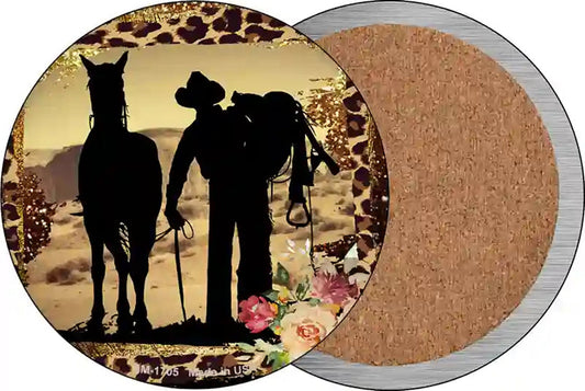 Cowboy With Horse Silhouette Novelty Circle Coaster Set of 4
