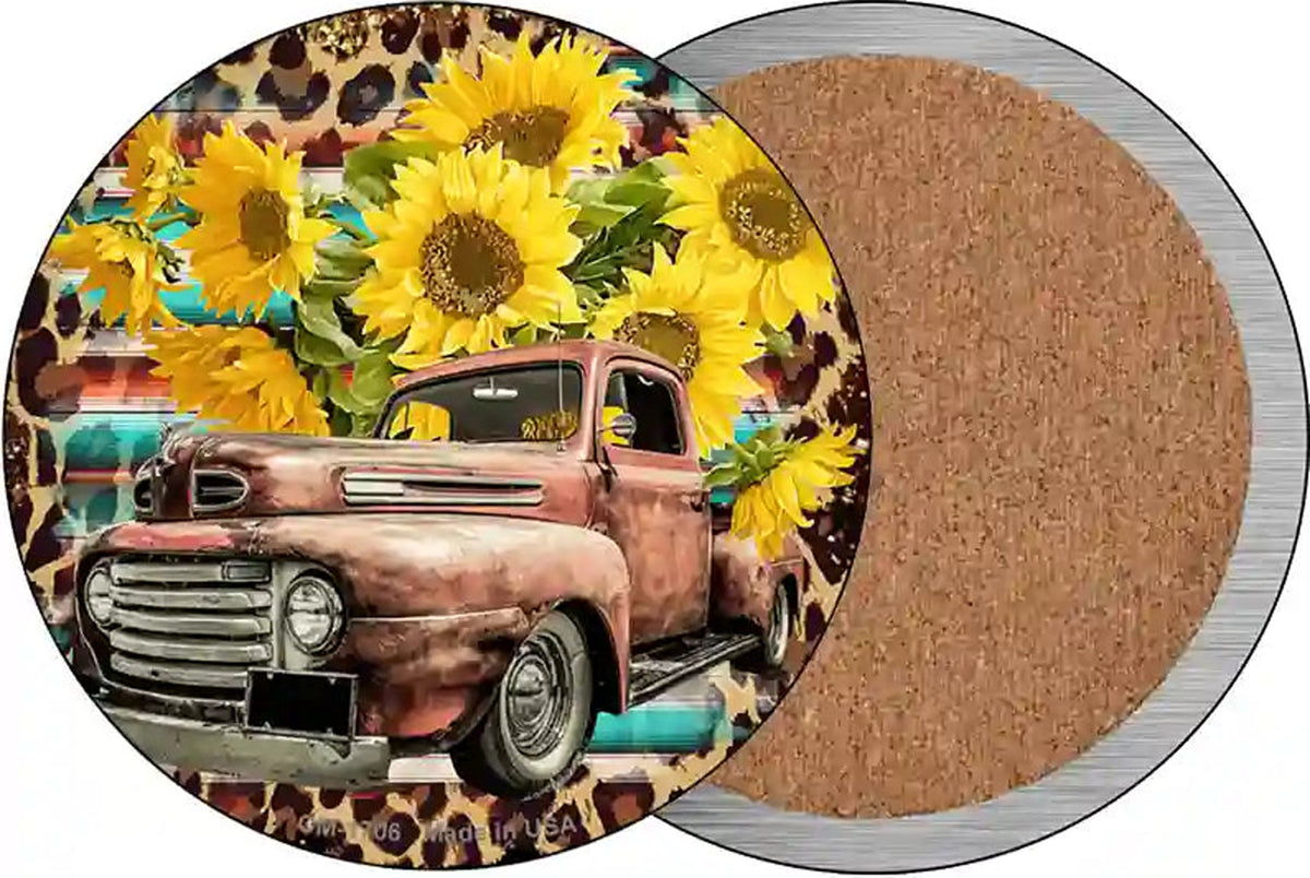 Rusty Truck With Sunflowers Novelty Circle Coaster Set of 4