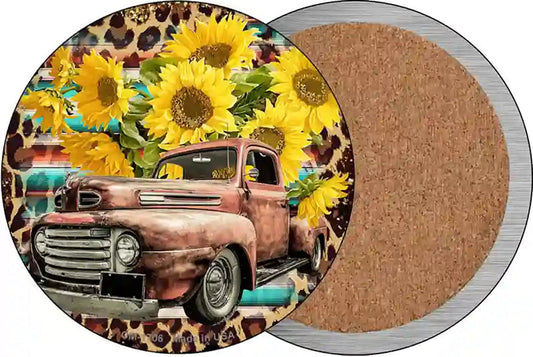 Rusty Truck With Sunflowers Novelty Circle Coaster Set of 4