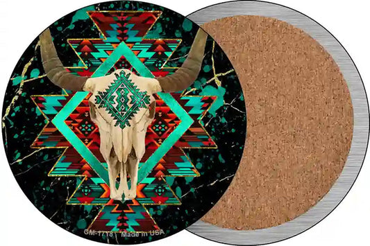 Cow Skull Dark Aztec Novelty Circle Coaster Set of 4