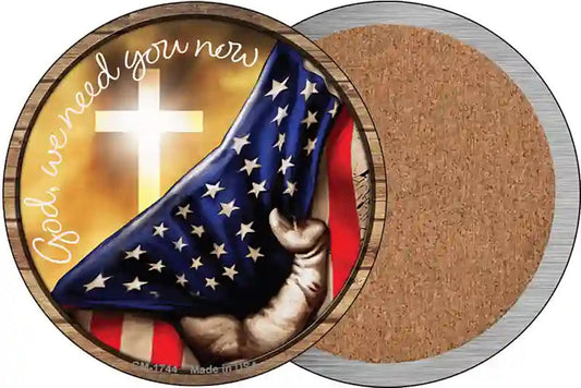 God We Need You American Flag Novelty Circle Coaster Set of 4