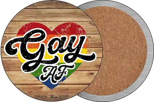 Gay AF Heart On Wood Novelty Circle Coaster Set of 4