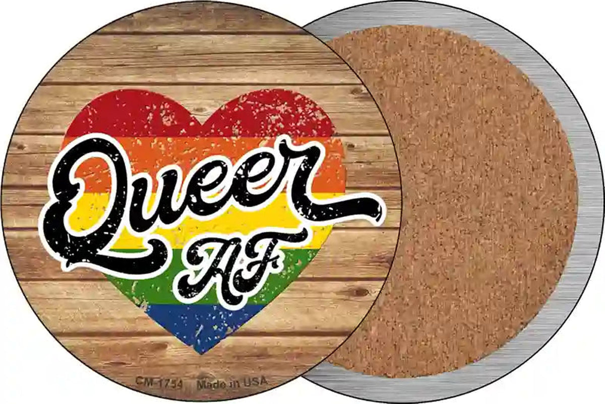 Queer AF Heart On Wood Novelty Circle Coaster Set of 4