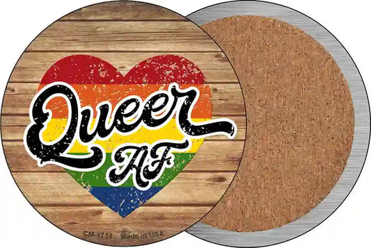 Queer AF Heart On Wood Novelty Circle Coaster Set of 4