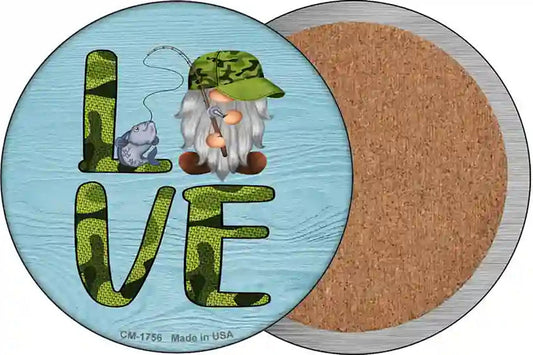 Camo Love Fishing Gnome Novelty Circle Coaster Set of 4
