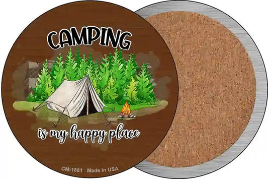 Camping Is My Happy Place Tent Novelty Circle Coaster Set of 4