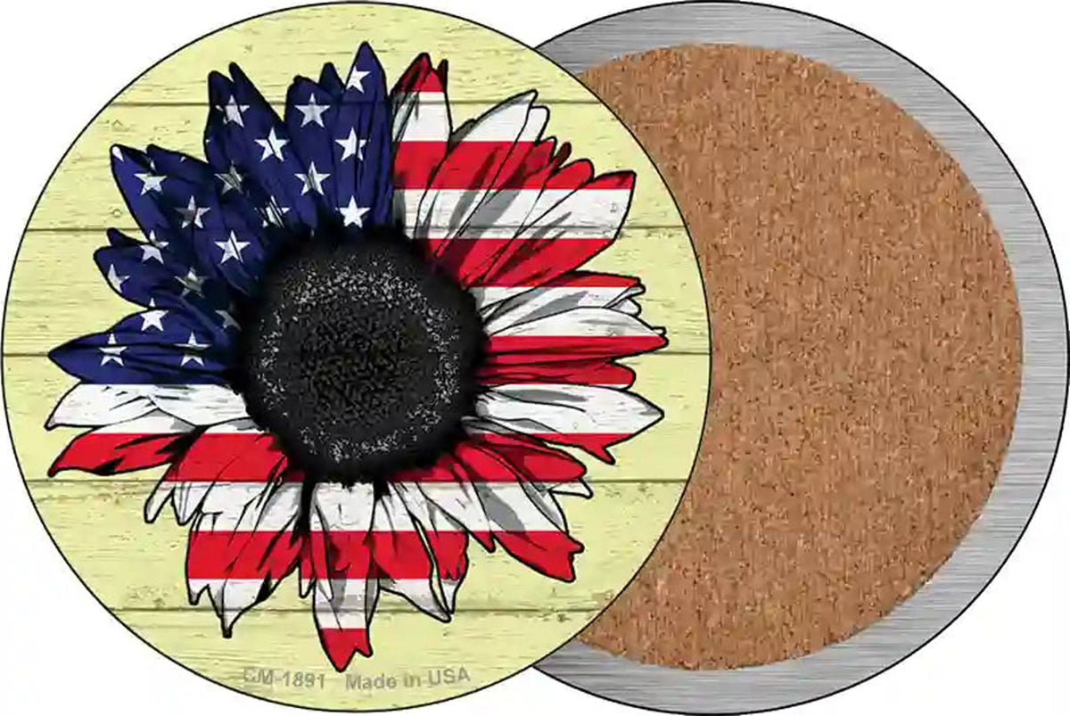 American Flag Sunflower Novelty Circle Coaster Set of 4