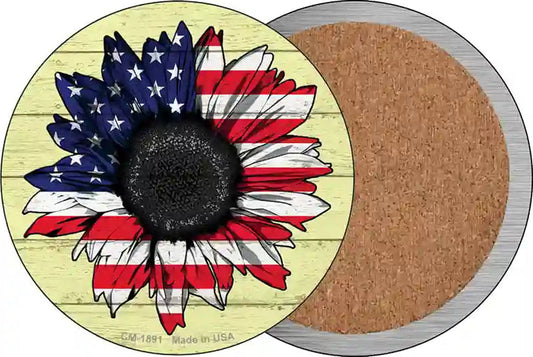 American Flag Sunflower Novelty Circle Coaster Set of 4