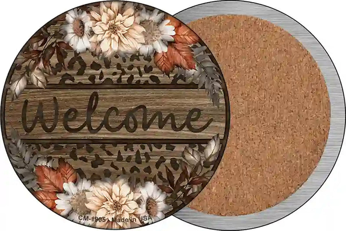 Welcome Flowers Animal Print Novelty Circle Coaster Set of 4