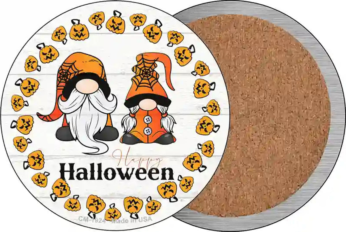 Happy Halloween Pumpkin Spooky Gnomes Novelty Circle Coaster Set of 4