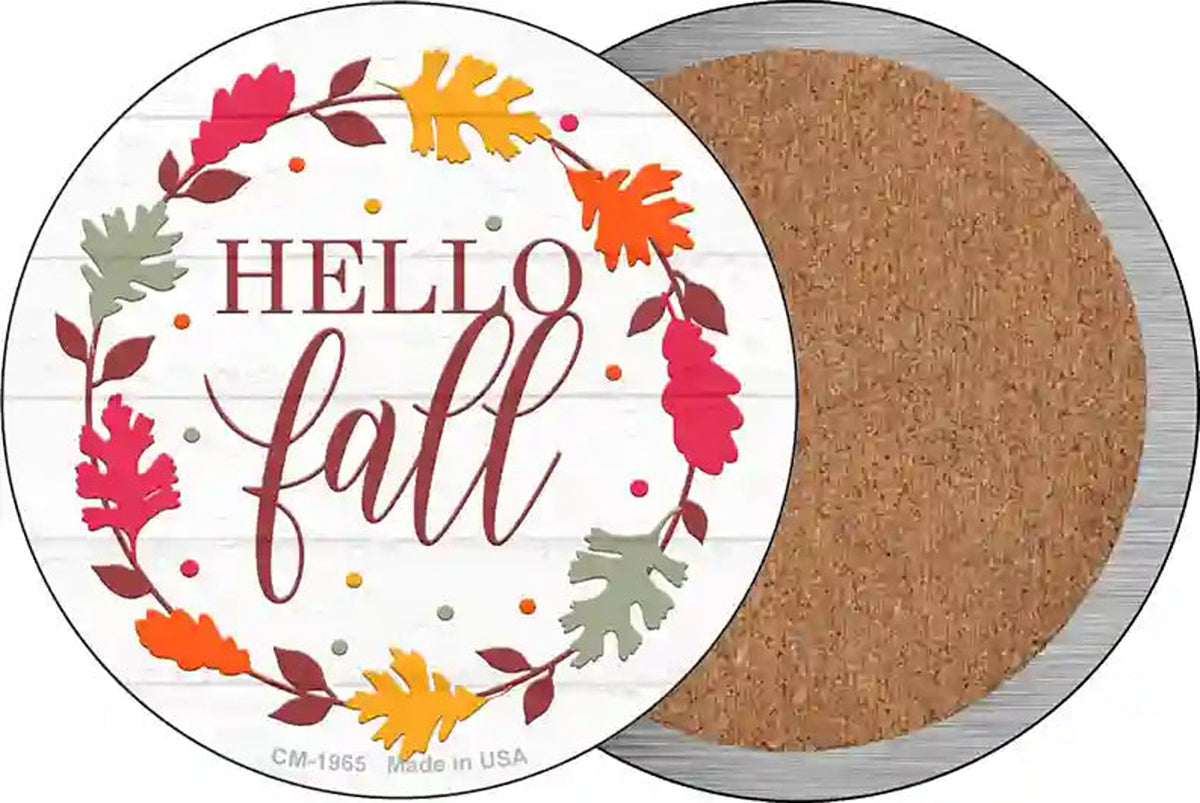 Hello Fall Leaves Novelty Circle Coaster Set of 4