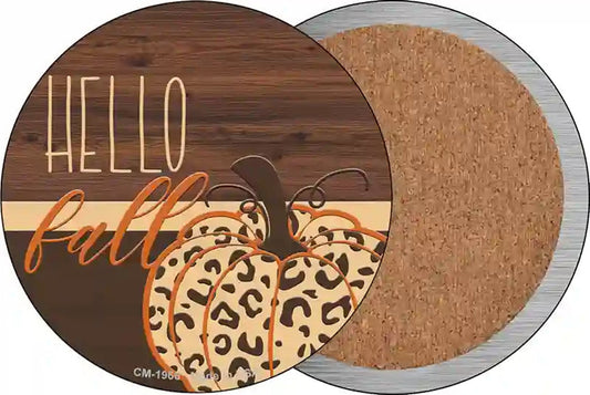 Hello Fall Pumpkin Novelty Circle Coaster Set of 4
