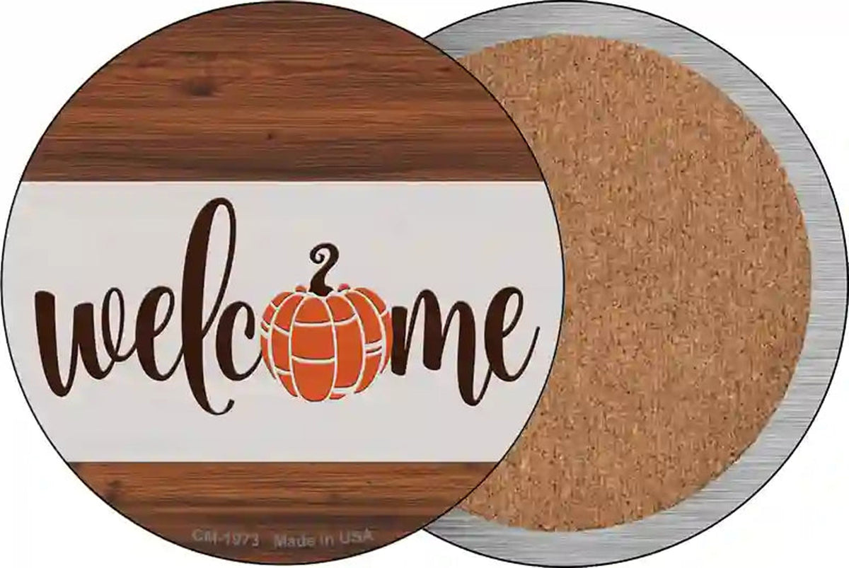Welcome Pumpkin Wood Novelty Circle Coaster Set of 4