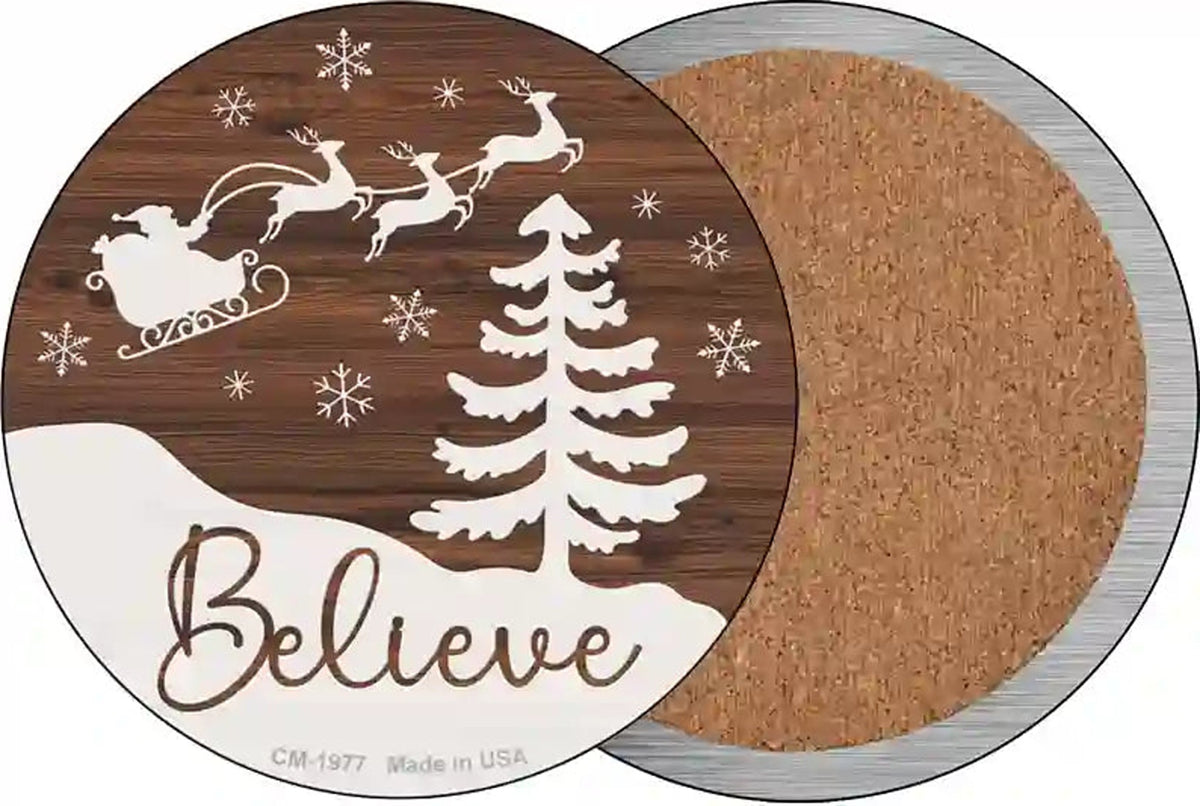 Believe Santa Sleigh Novelty Circle Coaster Set of 4
