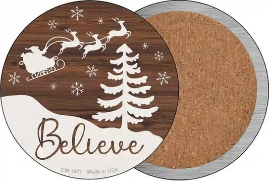 Believe Santa Sleigh Novelty Circle Coaster Set of 4