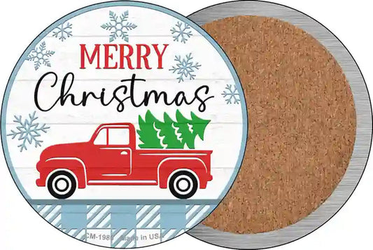 Merry Christmas Truck With Tree Novelty Circle Coaster Set of 4
