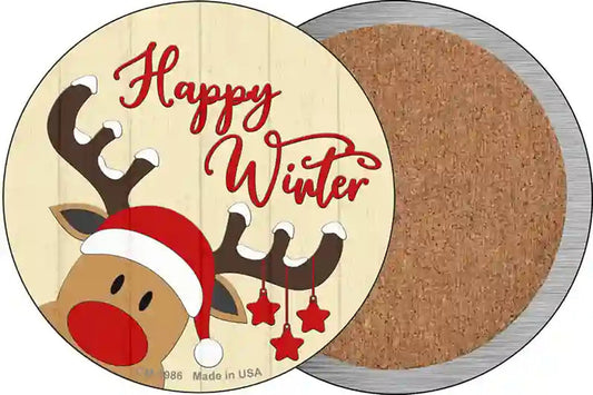 Happy Winter Reindeer Novelty Circle Coaster Set of 4
