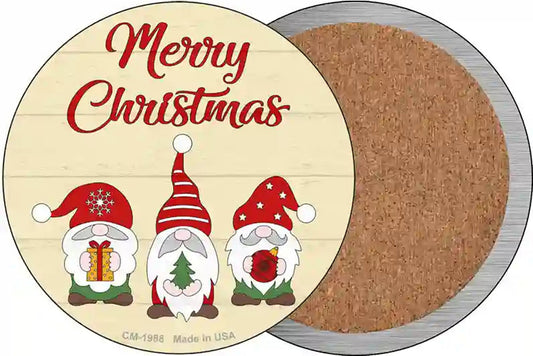Merry Christmas Gnomes Tan Novelty Circle Coaster Set of 4