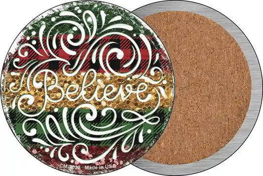 Believe Christmas Novelty Circle Coaster Set of 4