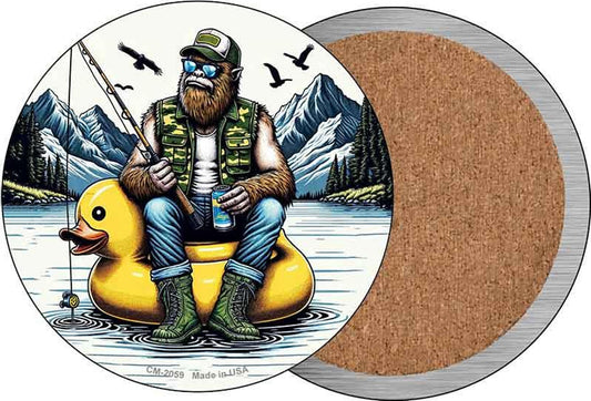 Bigfoot Fishing on Inflatable Duck Novelty Circle Coaster Set of 4