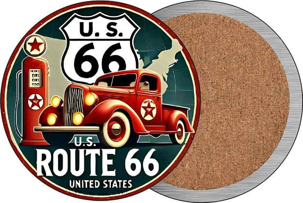 Red Truck on Route 66 Novelty Circle Coaster Set of 4